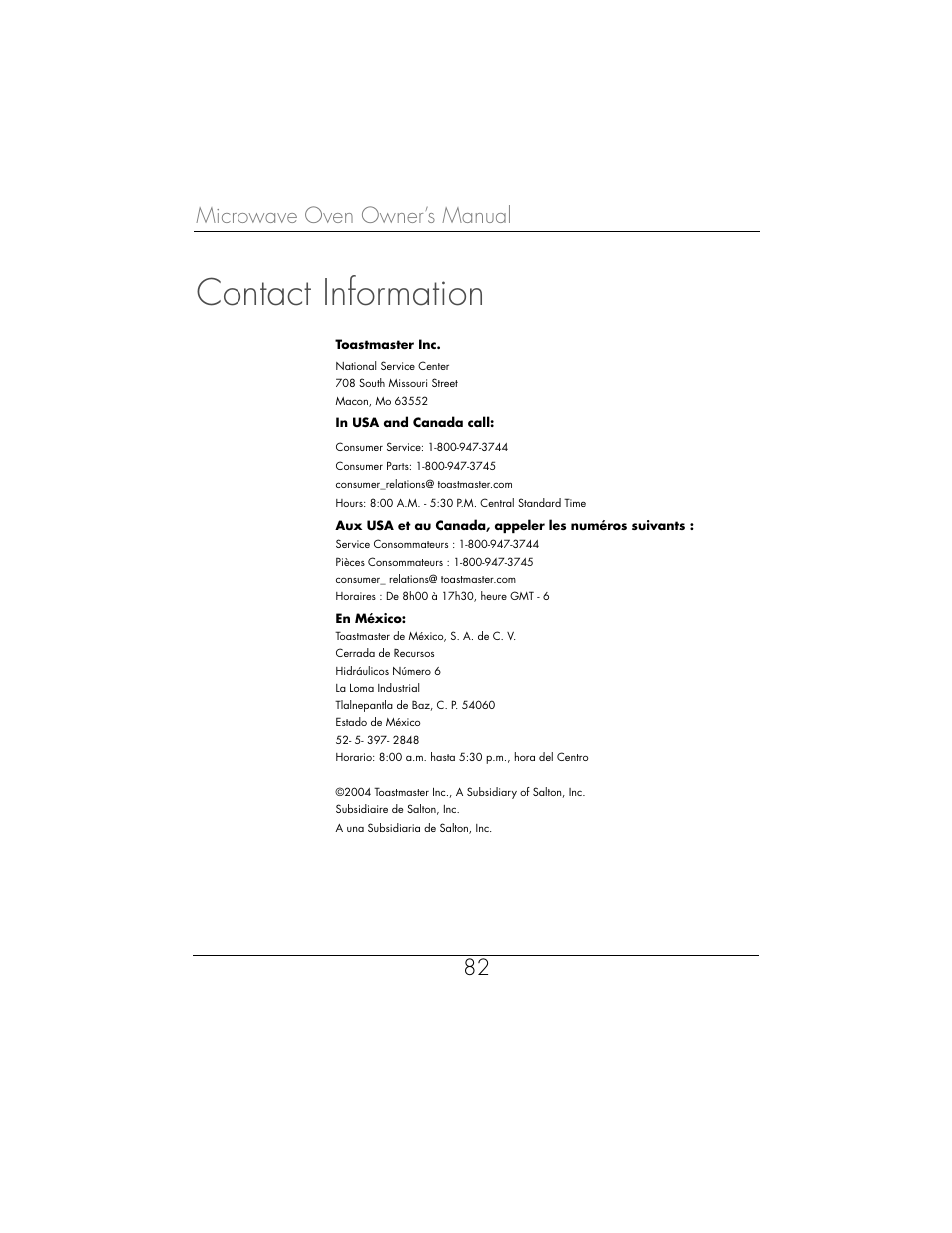 Contact information, Microwave oven owner’s manual 82 | Toastmaster WBYMW1 User Manual | Page 83 / 85