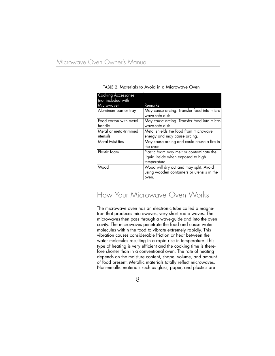 How your microwave oven works, Microwave oven owner’s manual 8 | Toastmaster WBYMW1 User Manual | Page 9 / 85