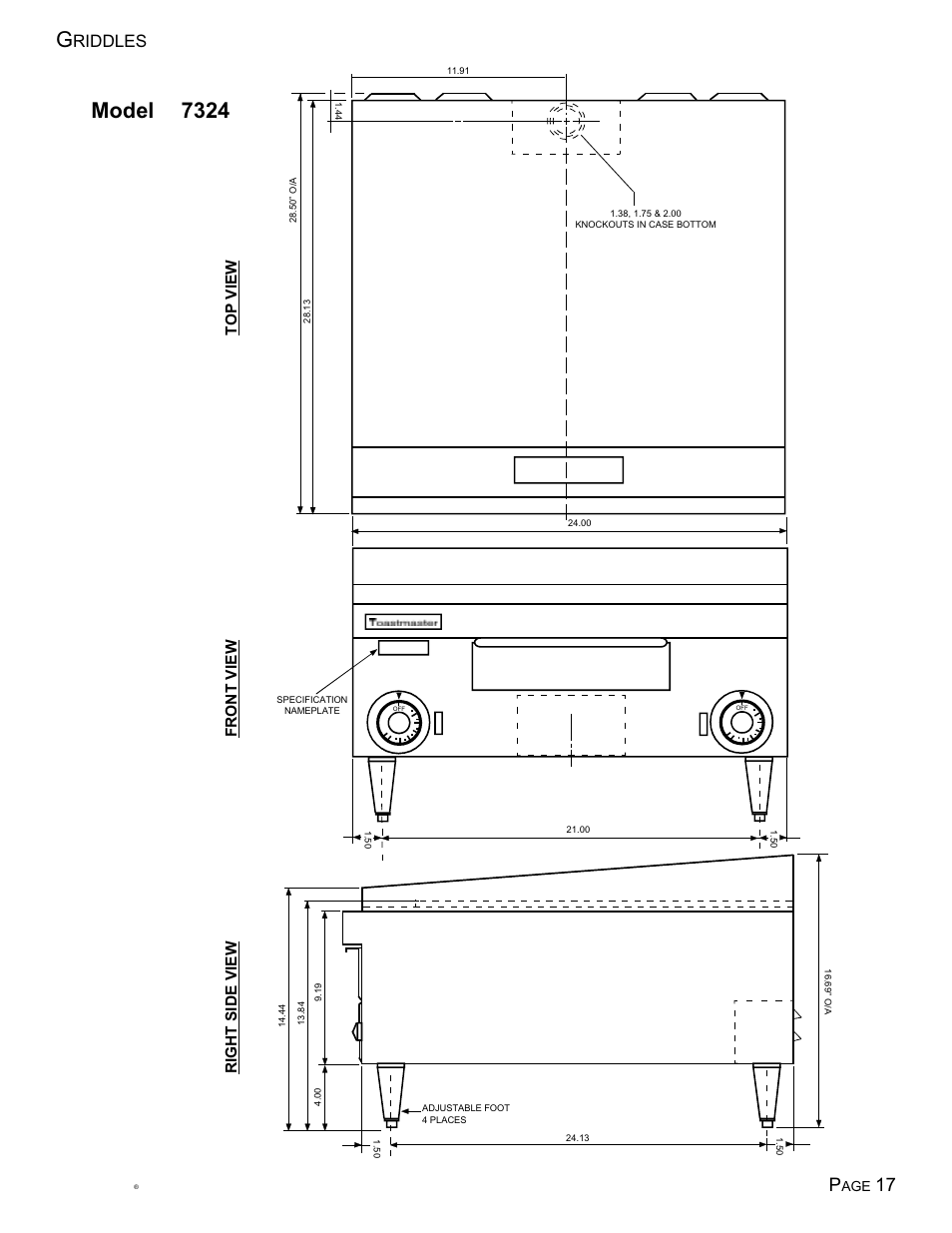 Model 7324, Riddles, Top view front view right side view | Toastmaster Free-Standing Models 7324 User Manual | Page 18 / 25