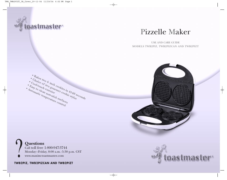 Toastmaster TWB2PIZ User Manual | 9 pages