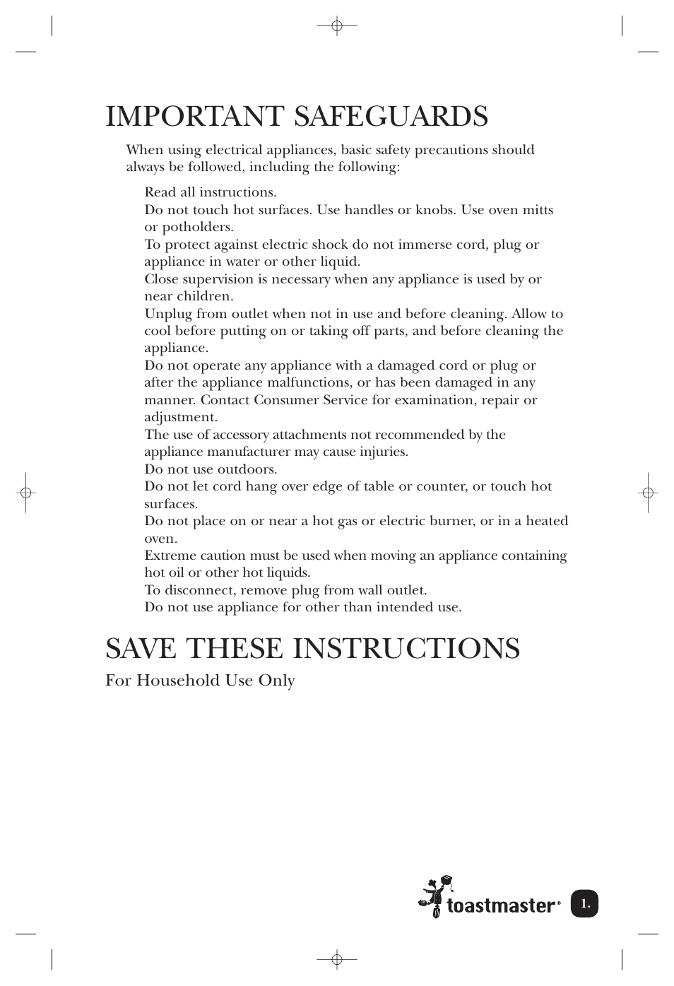 Important safeguards, Save these instructions | Toastmaster TWB2PIZ User Manual | Page 2 / 9