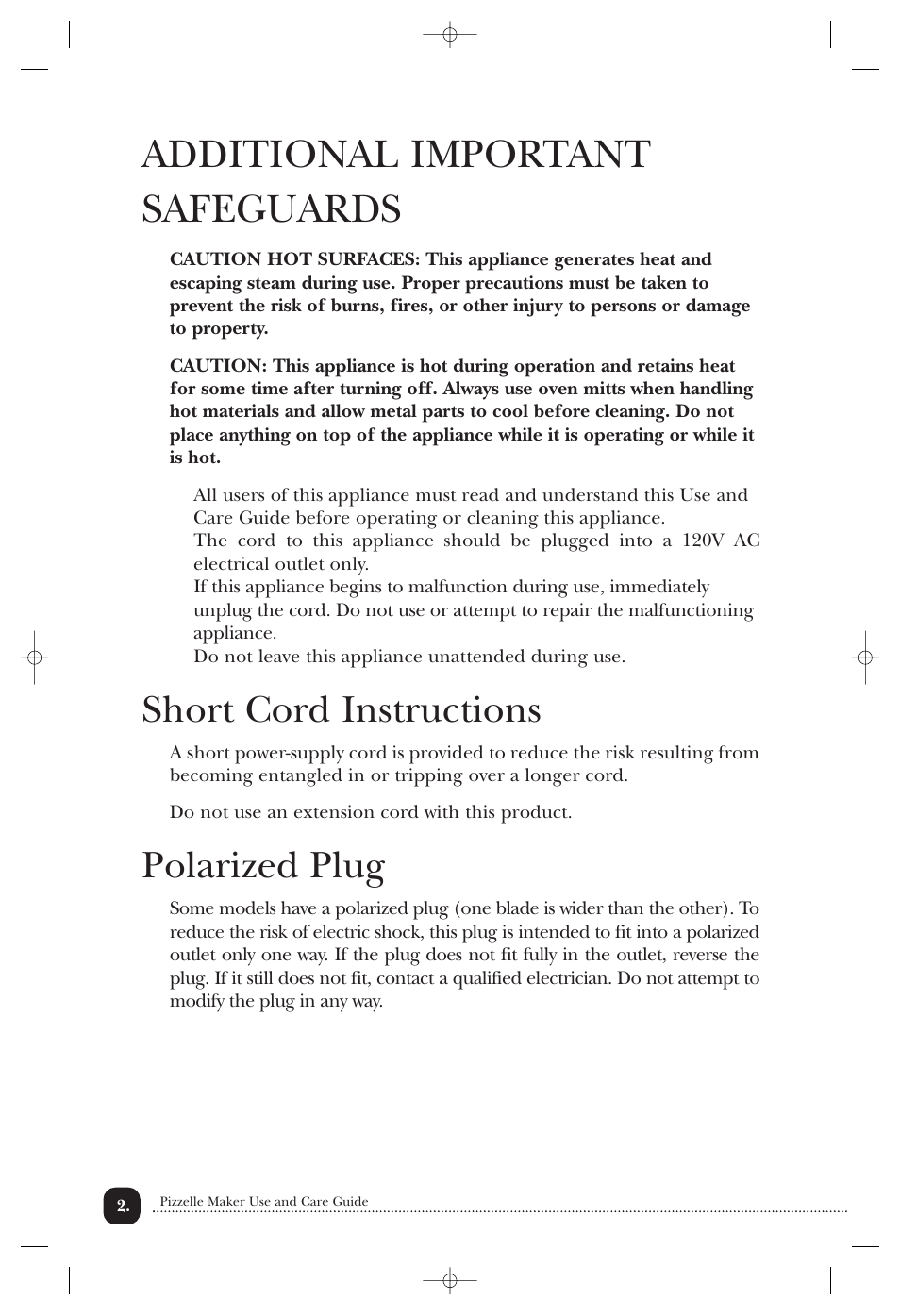 Additional important safeguards, Short cord instructions, Polarized plug | Toastmaster TWB2PIZ User Manual | Page 3 / 9