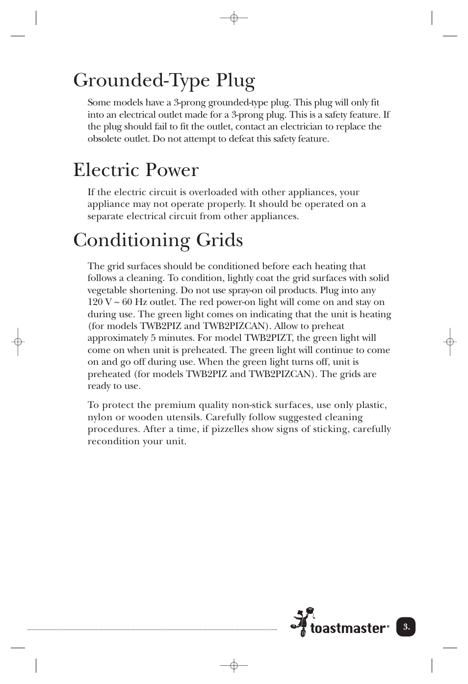 Grounded-type plug, Electric power, Conditioning grids | Toastmaster TWB2PIZ User Manual | Page 4 / 9