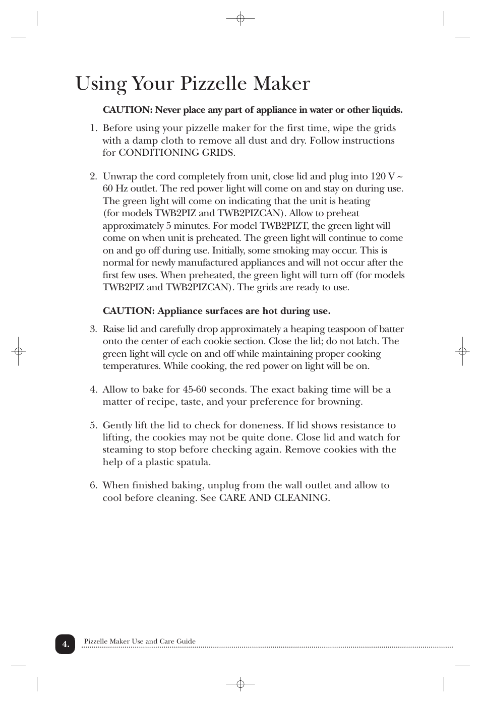 Using your pizzelle maker | Toastmaster TWB2PIZ User Manual | Page 5 / 9