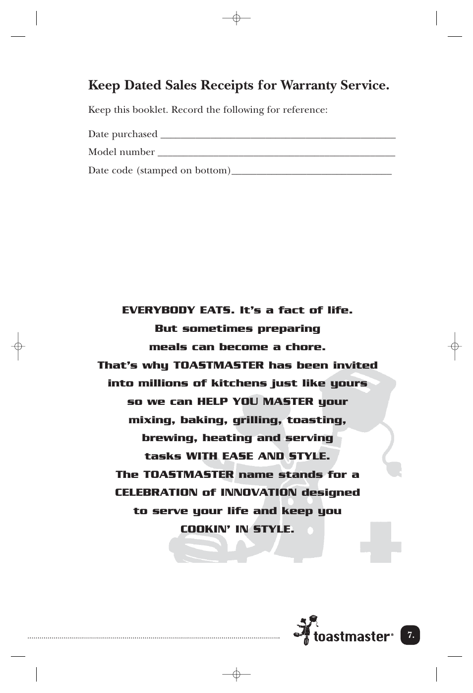 Keep dated sales receipts for warranty service | Toastmaster TWB2PIZ User Manual | Page 8 / 9