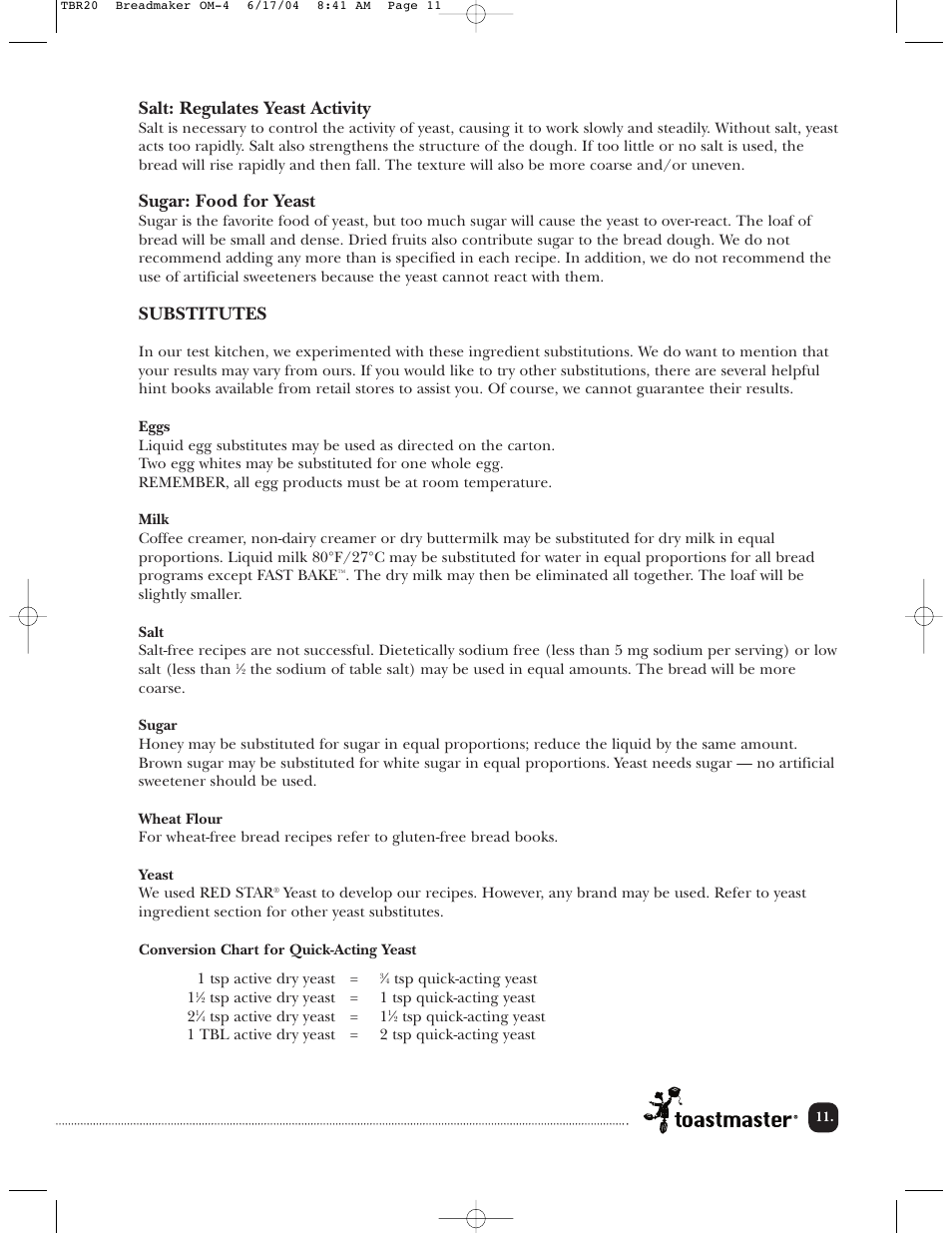 Salt: regulates yeast activity, Sugar: food for yeast, Substitutes | Toastmaster TBR20H User Manual | Page 12 / 64