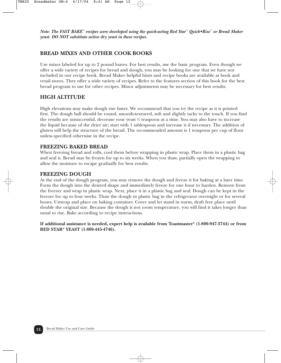 Bread mixes and other cook books, High altitude, Freezing baked bread | Freezing dough | Toastmaster TBR20H User Manual | Page 13 / 64