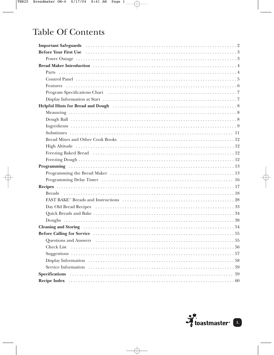 Toastmaster TBR20H User Manual | Page 2 / 64