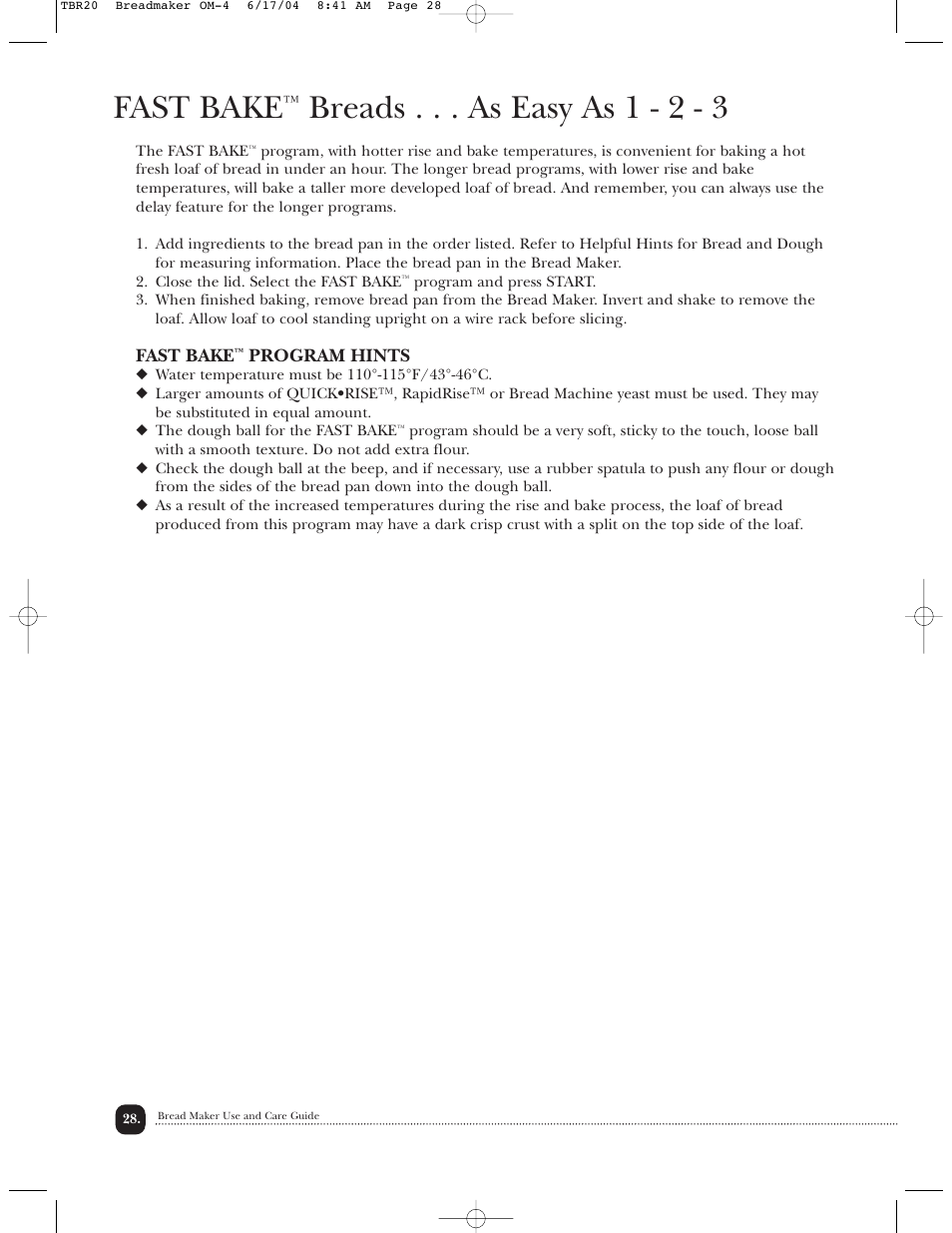 Fast bake, Breads . . . as easy as 1 - 2 - 3 | Toastmaster TBR20H User Manual | Page 29 / 64