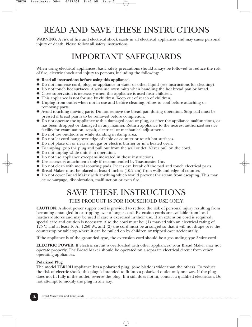 Important safeguards, Save these instructions, Read and save these instructions | Toastmaster TBR20H User Manual | Page 3 / 64
