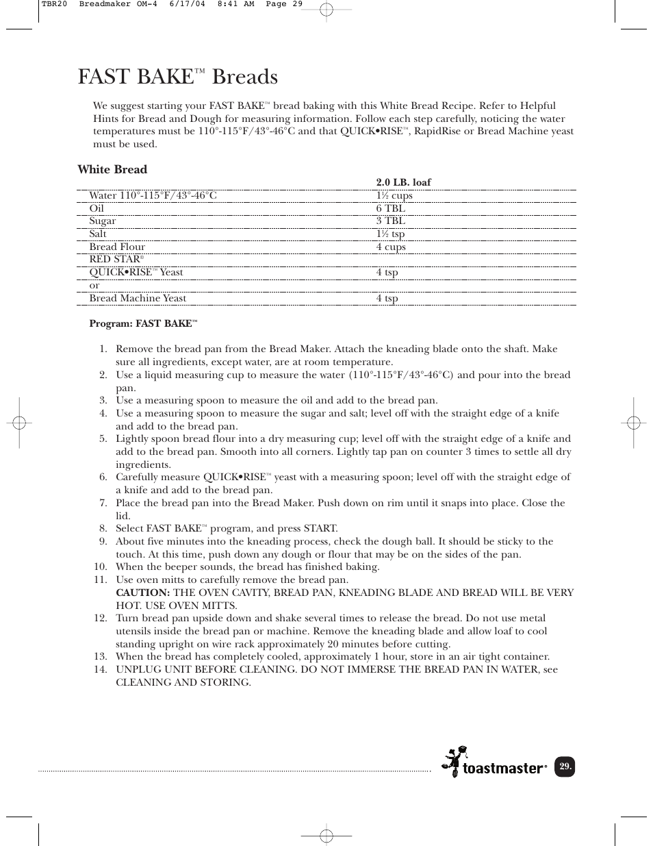 Fast bake, Breads, White bread | Toastmaster TBR20H User Manual | Page 30 / 64