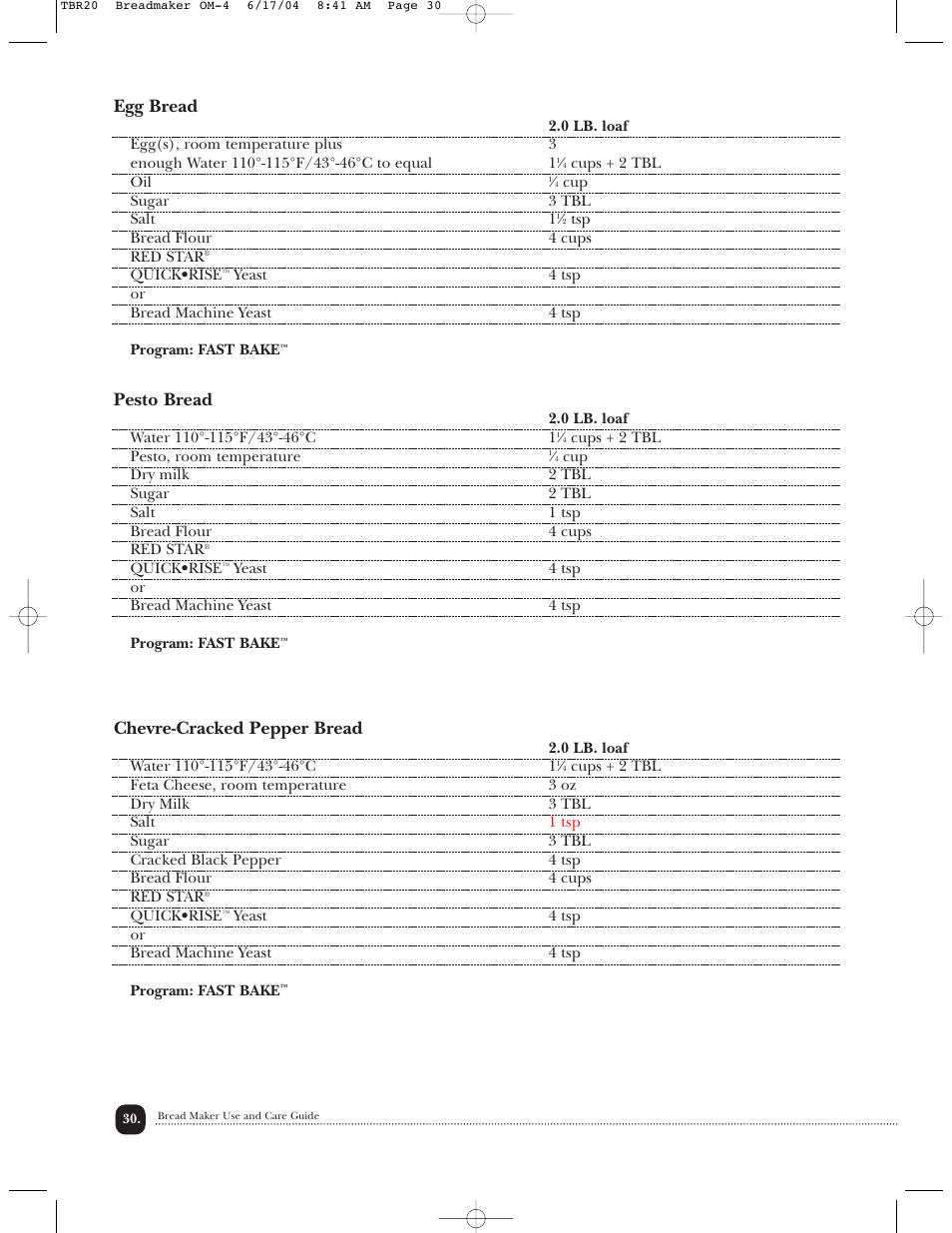 Egg bread, Pesto bread, Chevre-cracked pepper bread | Toastmaster TBR20H User Manual | Page 31 / 64