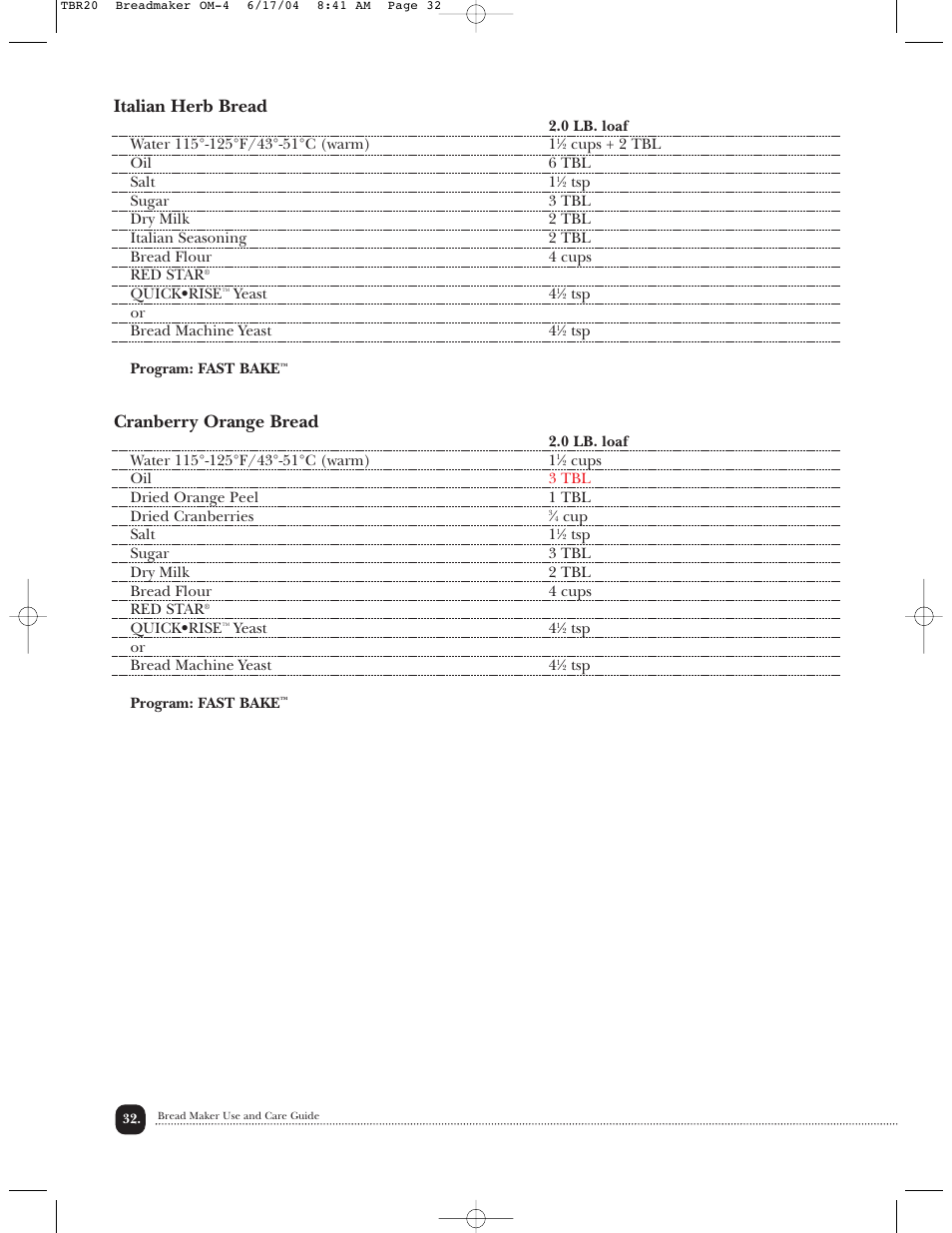 Italian herb bread, Cranberry orange bread | Toastmaster TBR20H User Manual | Page 33 / 64