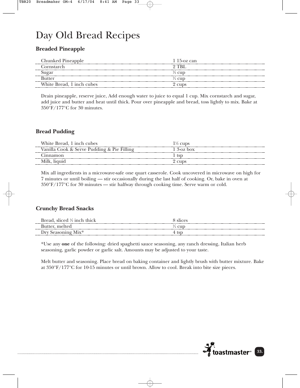 Day old bread recipes, Breaded pineapple, Bread pudding | Crunchy bread snacks | Toastmaster TBR20H User Manual | Page 34 / 64