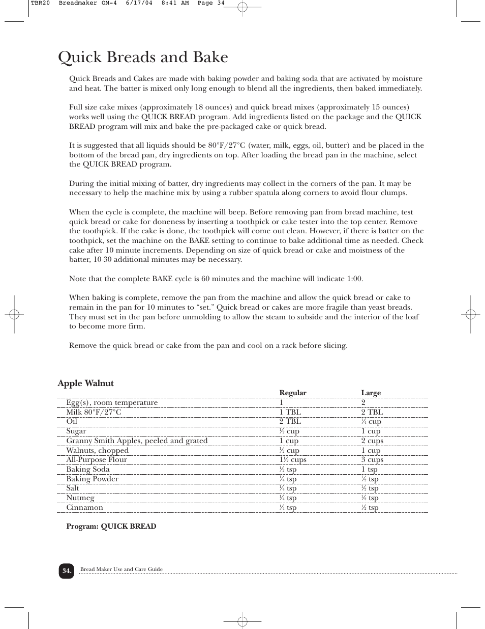 Quick breads and bake, Apple walnut | Toastmaster TBR20H User Manual | Page 35 / 64