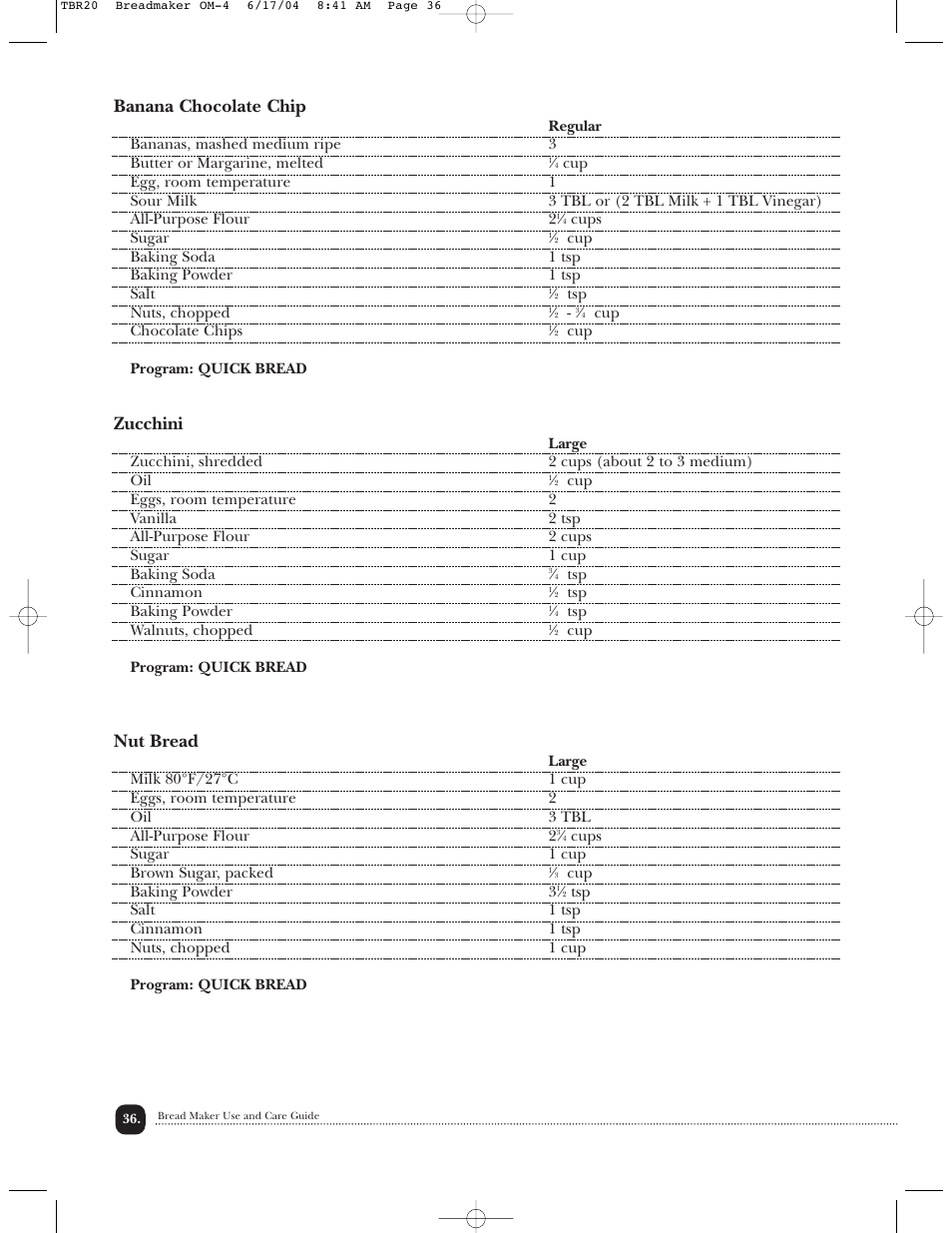 Banana chocolate chip, Zucchini, Nut bread | Toastmaster TBR20H User Manual | Page 37 / 64