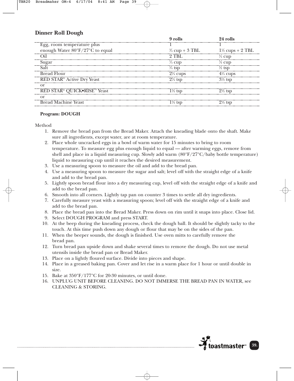 Dinner roll dough | Toastmaster TBR20H User Manual | Page 40 / 64