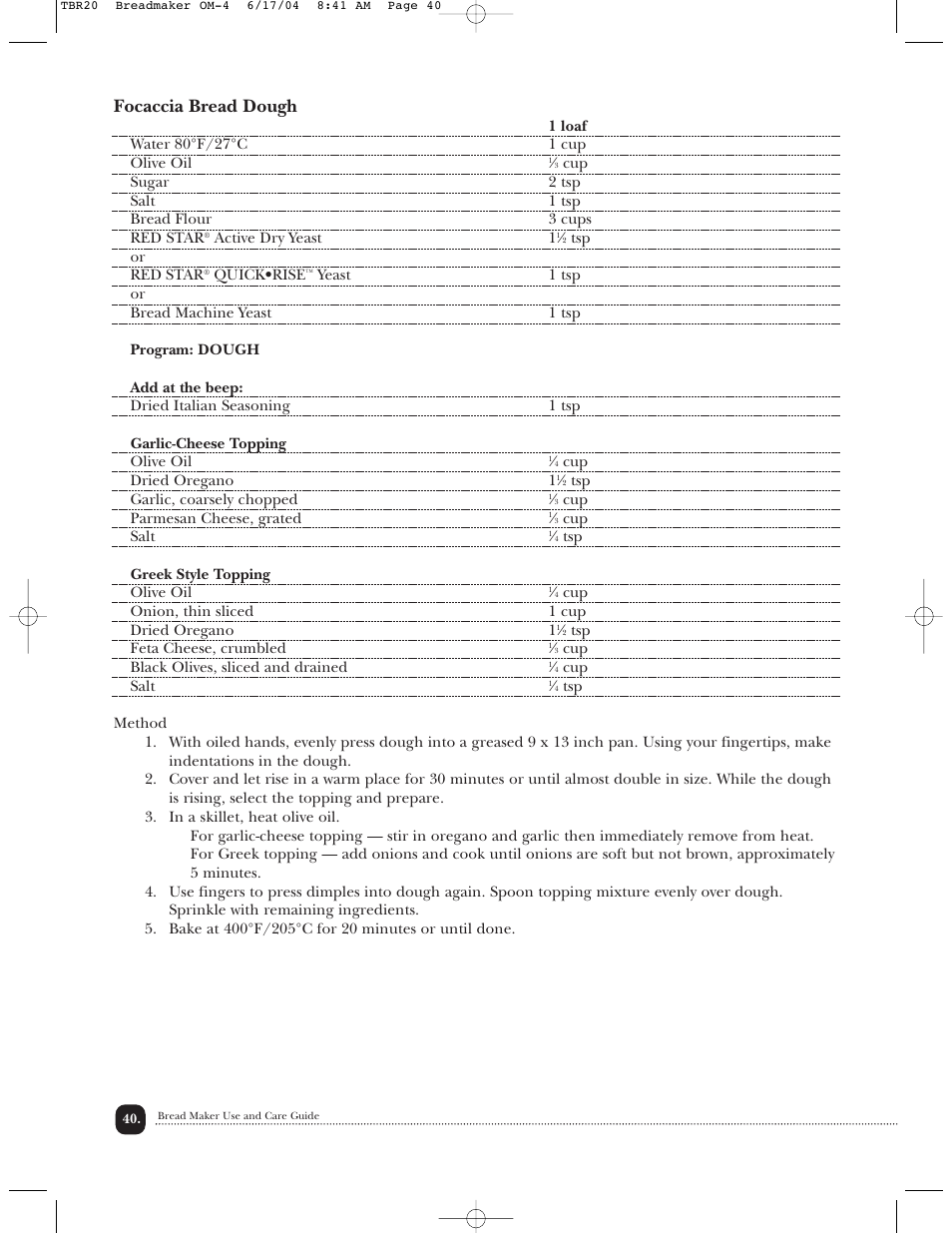 Focaccia bread dough | Toastmaster TBR20H User Manual | Page 41 / 64