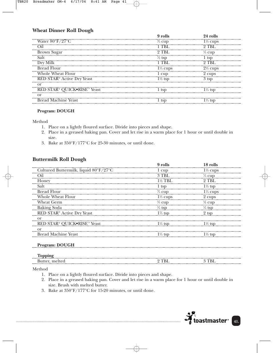 Wheat dinner roll dough, Buttermilk roll dough | Toastmaster TBR20H User Manual | Page 42 / 64