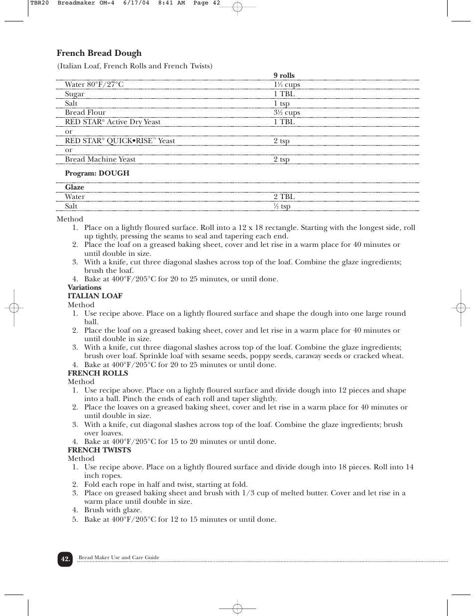 French bread dough | Toastmaster TBR20H User Manual | Page 43 / 64