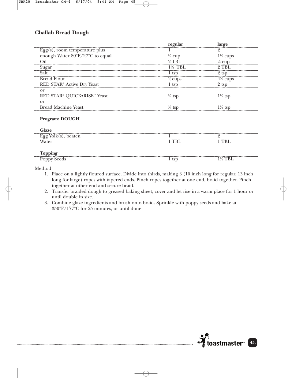 Challah bread dough | Toastmaster TBR20H User Manual | Page 46 / 64