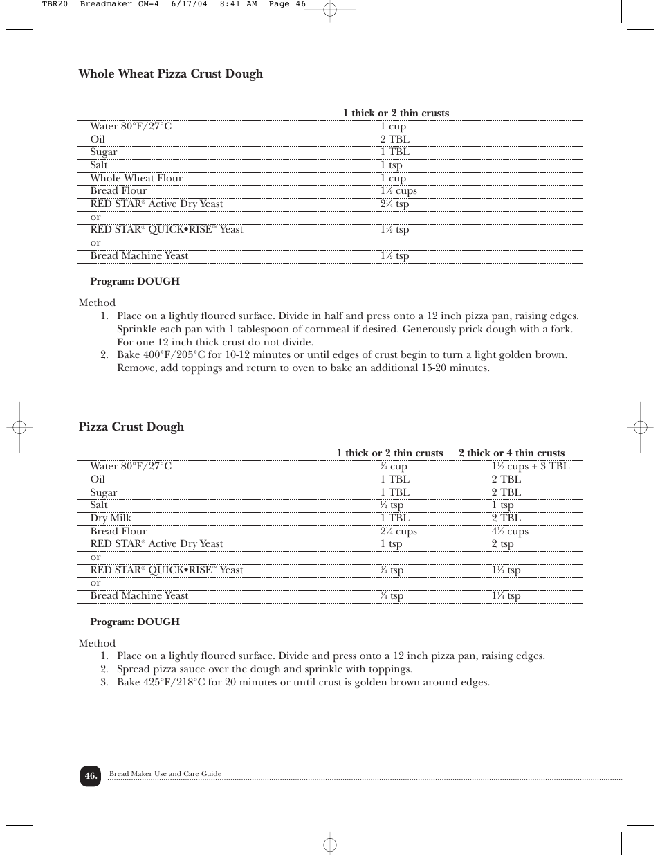 Whole wheat pizza crust dough, Pizza crust dough | Toastmaster TBR20H User Manual | Page 47 / 64