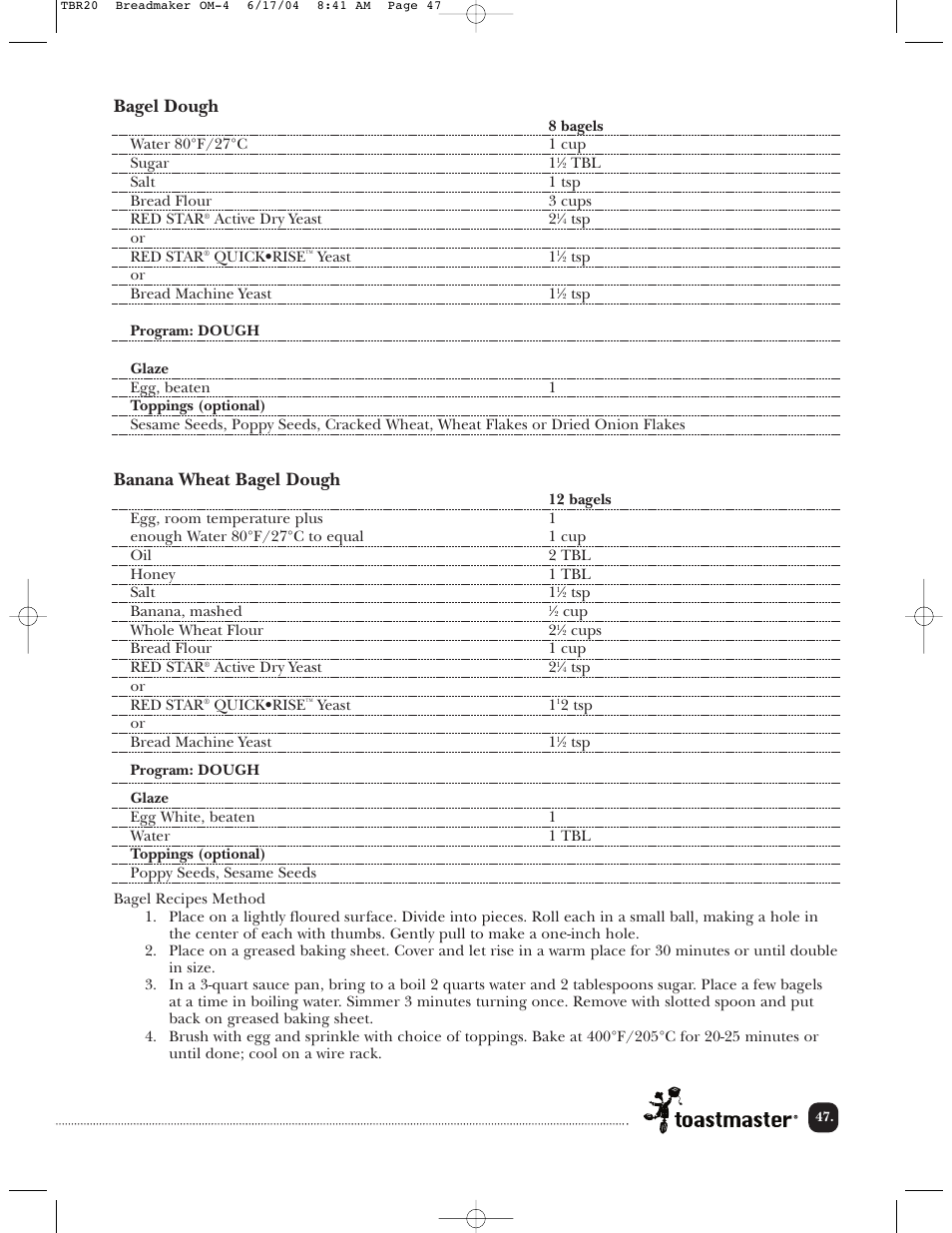 Bagel dough, Banana wheat bagel dough | Toastmaster TBR20H User Manual | Page 48 / 64