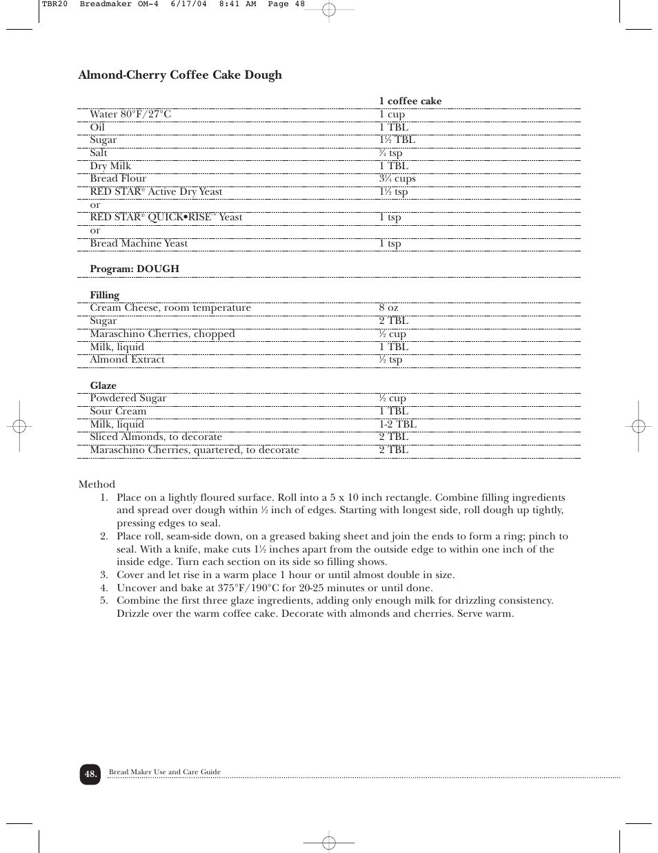 Almond-cherry coffee cake dough | Toastmaster TBR20H User Manual | Page 49 / 64