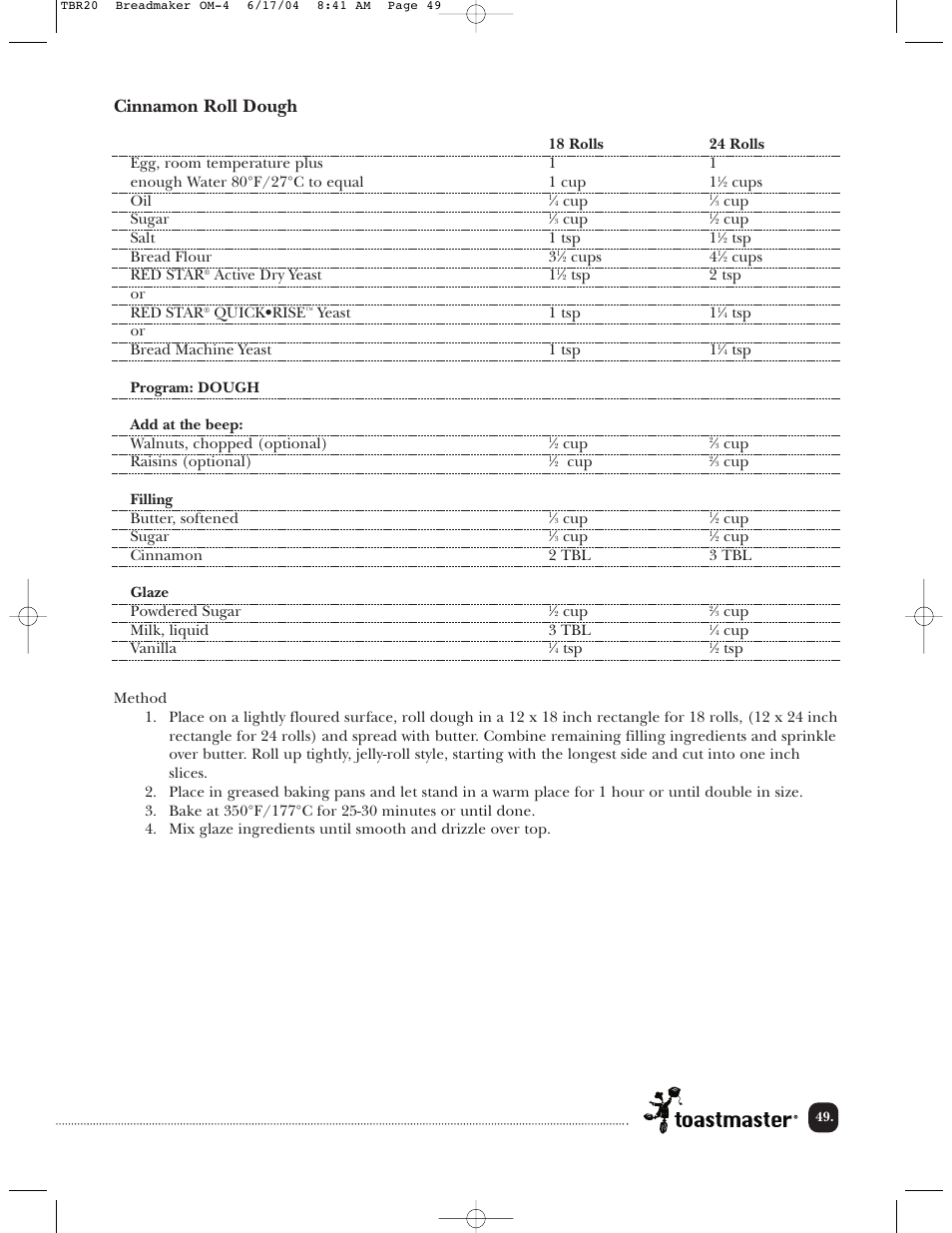 Cinnamon roll dough | Toastmaster TBR20H User Manual | Page 50 / 64