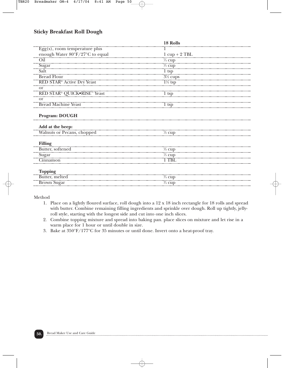 Sticky breakfast roll dough | Toastmaster TBR20H User Manual | Page 51 / 64