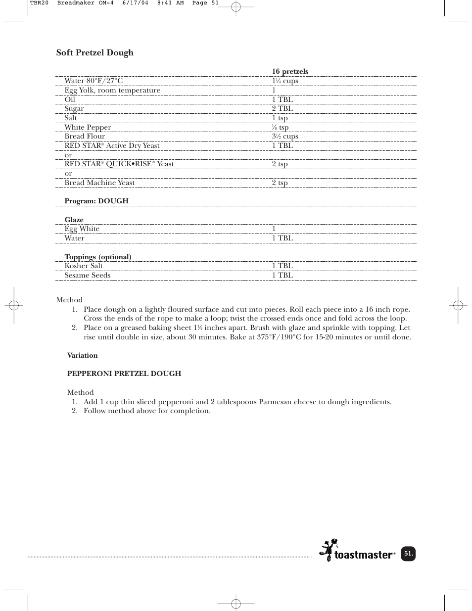 Soft pretzel dough | Toastmaster TBR20H User Manual | Page 52 / 64