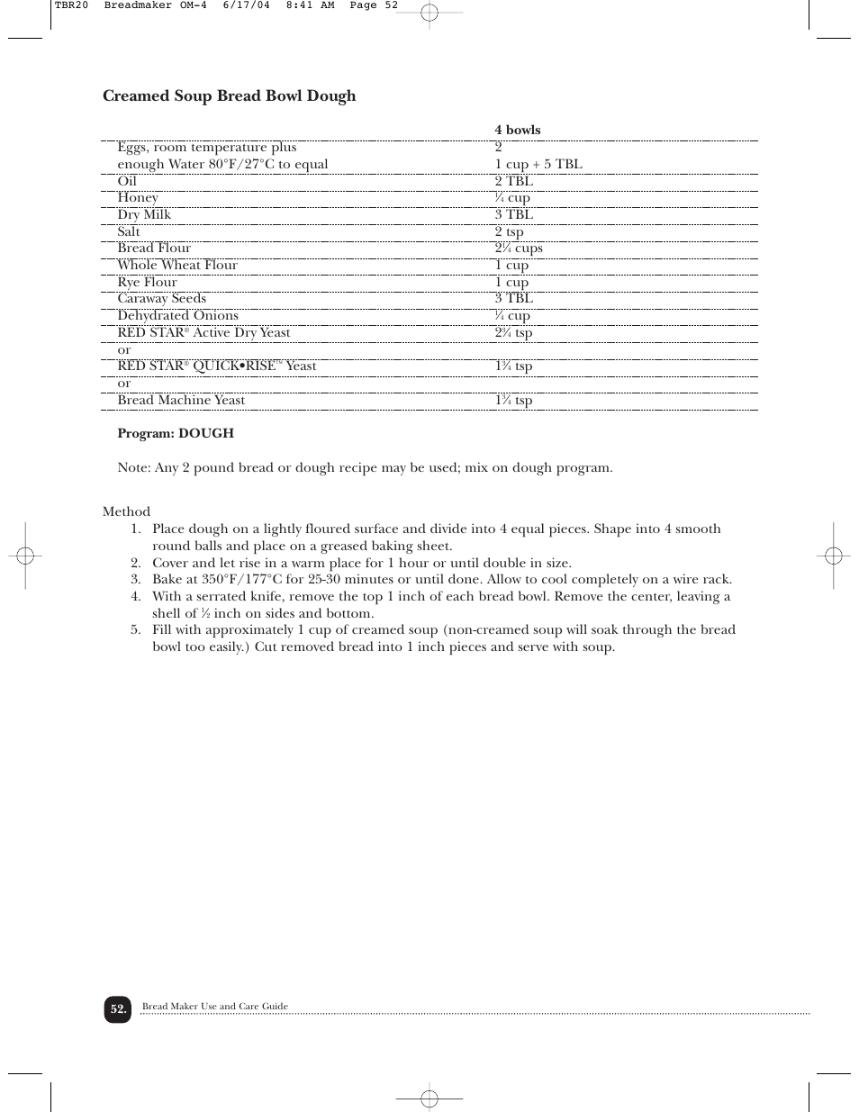 Creamed soup bread bowl dough | Toastmaster TBR20H User Manual | Page 53 / 64