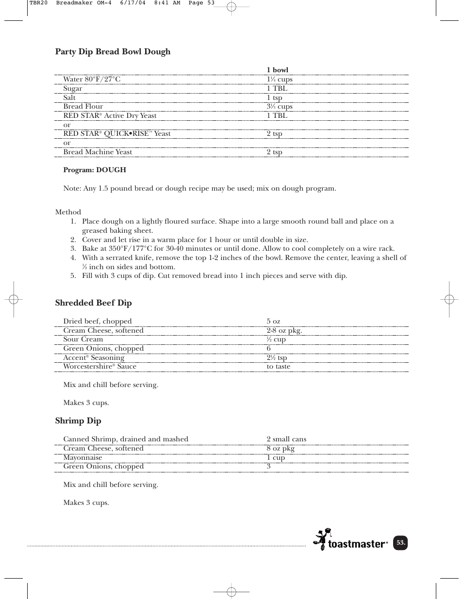 Party dip bread bowl dough, Shredded beef dip, Shrimp dip | Toastmaster TBR20H User Manual | Page 54 / 64