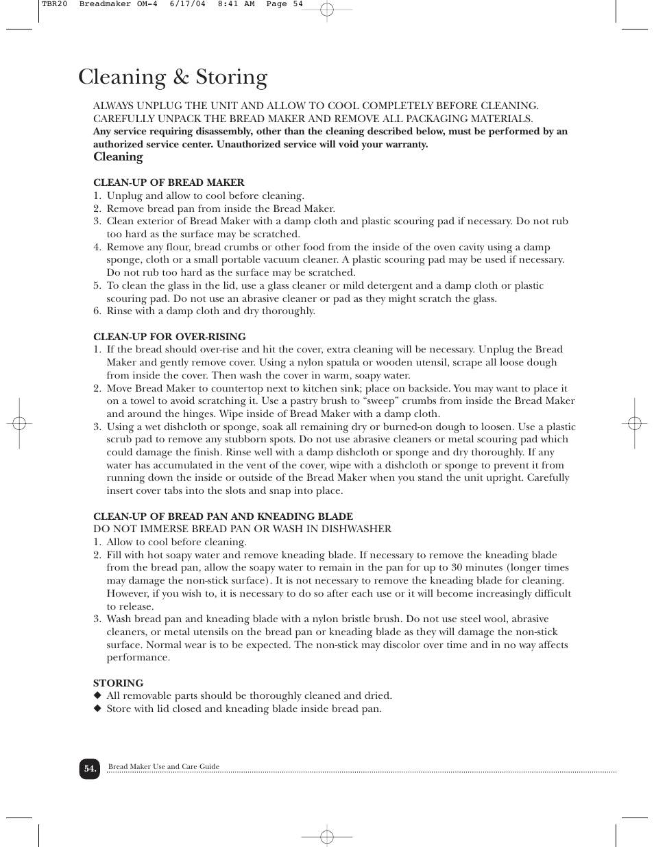 Cleaning & storing | Toastmaster TBR20H User Manual | Page 55 / 64
