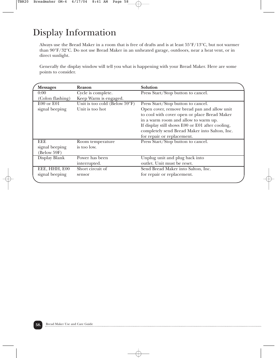 Display information | Toastmaster TBR20H User Manual | Page 59 / 64