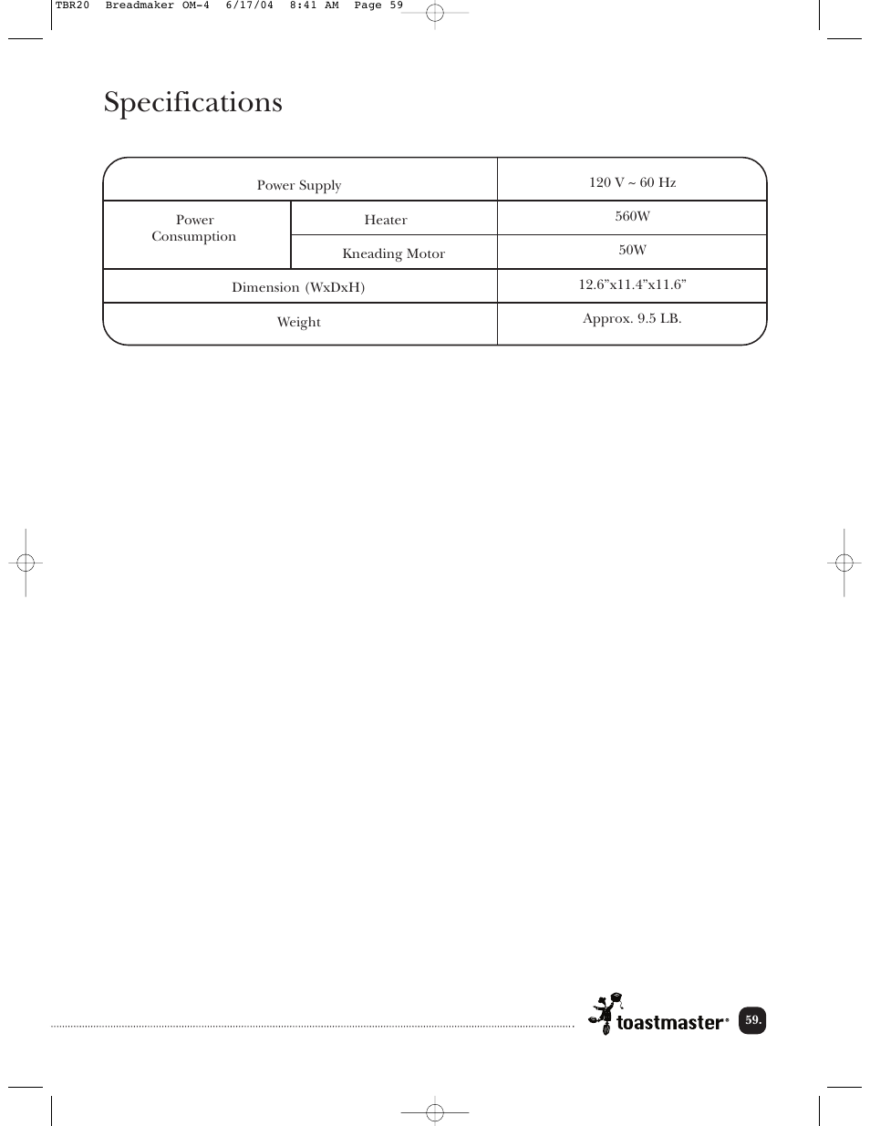 Specifications | Toastmaster TBR20H User Manual | Page 60 / 64