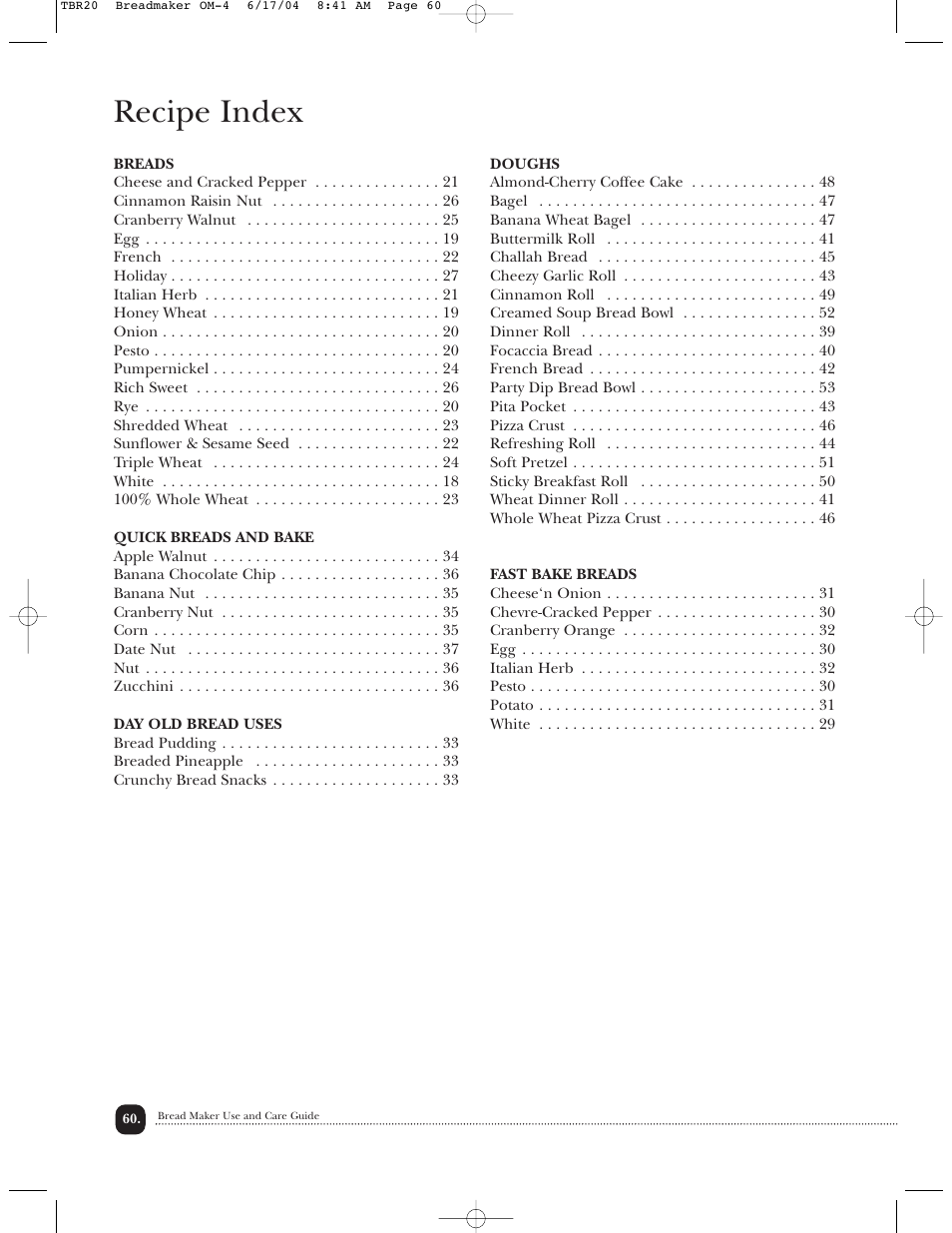 Recipe index | Toastmaster TBR20H User Manual | Page 61 / 64