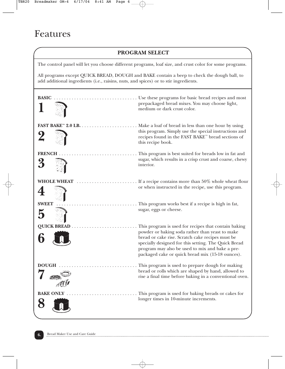 Features | Toastmaster TBR20H User Manual | Page 7 / 64