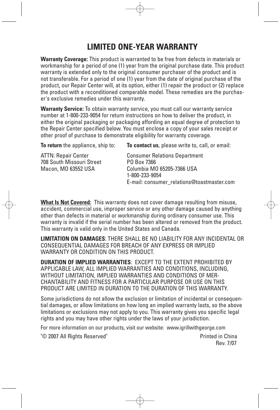 Limited one-year warranty | Toastmaster GRP99 User Manual | Page 10 / 10