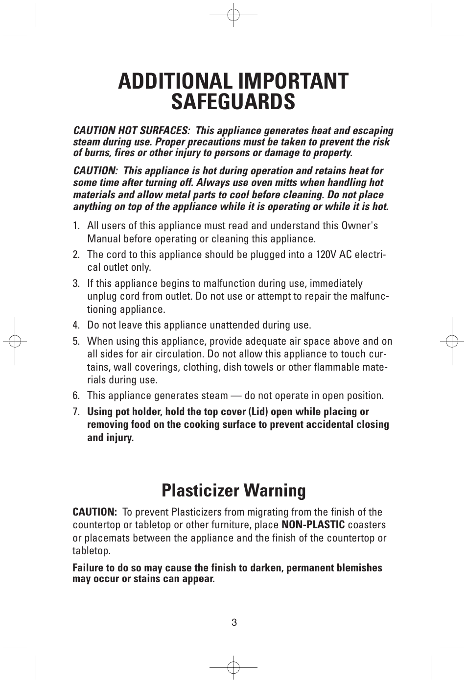 Additional important safeguards, Plasticizer warning | Toastmaster GRP99 User Manual | Page 3 / 10