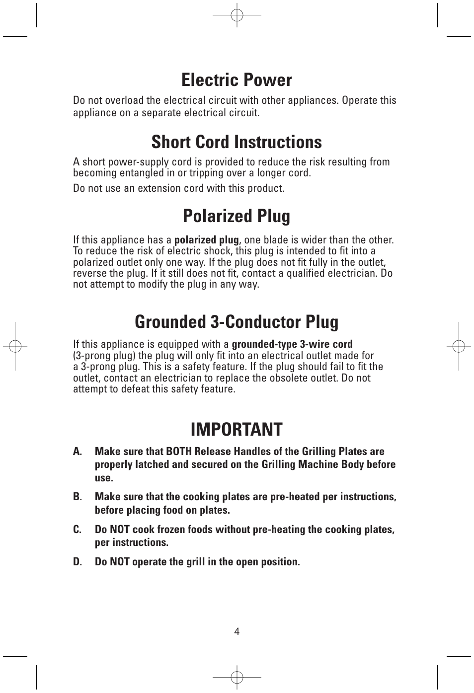 Important, Electric power, Short cord instructions | Polarized plug, Grounded 3-conductor plug | Toastmaster GRP99 User Manual | Page 4 / 10