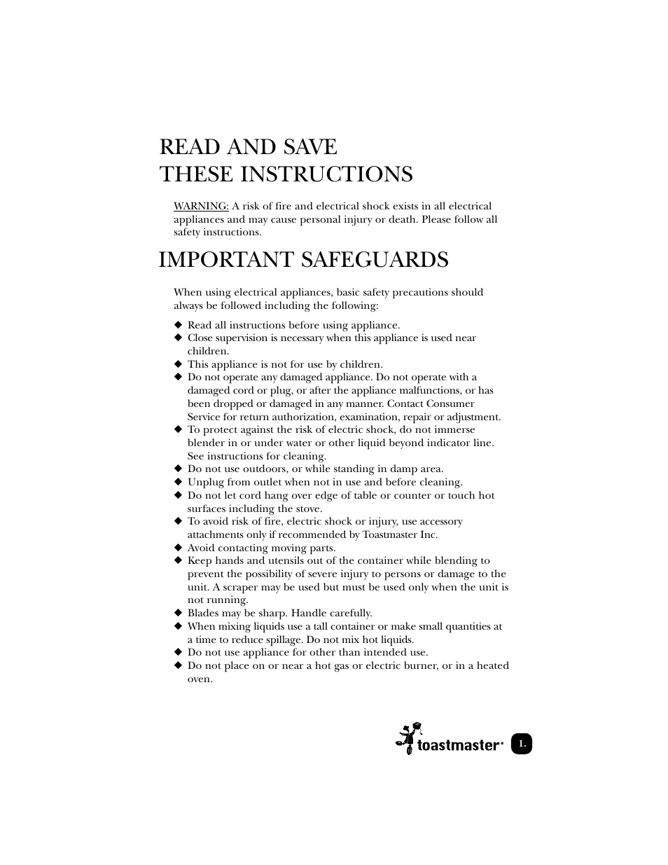 Read and save these instructions, Important safeguards | Toastmaster 1740 User Manual | Page 2 / 9