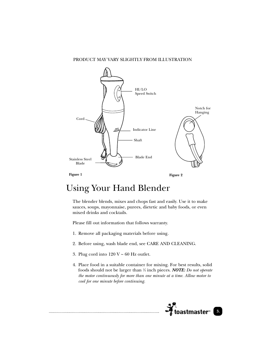 Using your hand blender | Toastmaster 1740 User Manual | Page 4 / 9