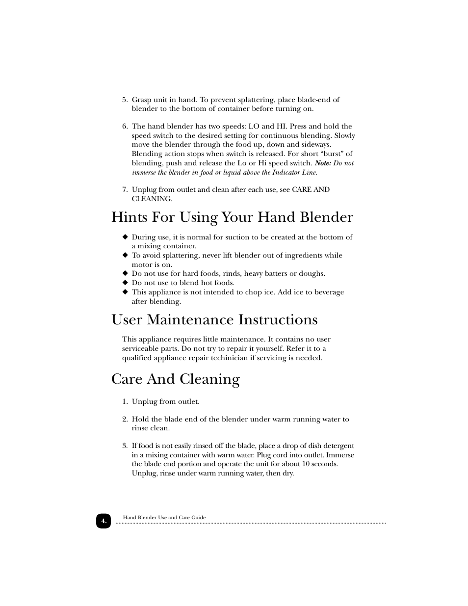 Hints for using your hand blender, User maintenance instructions, Care and cleaning | Toastmaster 1740 User Manual | Page 5 / 9
