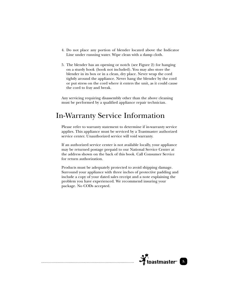 In-warranty service information | Toastmaster 1740 User Manual | Page 6 / 9