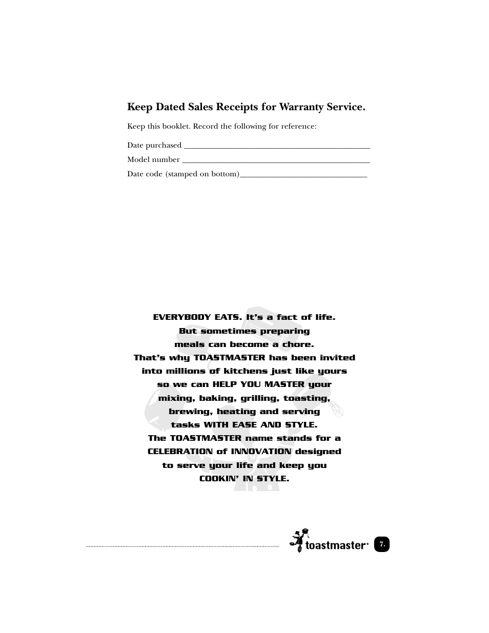 Keep dated sales receipts for warranty service | Toastmaster 1740 User Manual | Page 8 / 9