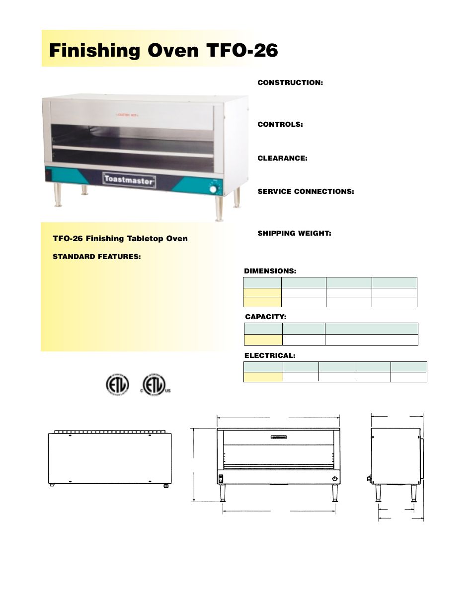 Finishing oven tfo-26 | Toastmaster TFO-26 User Manual | Page 3 / 3