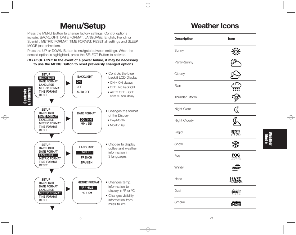 Menu/setup, Weather icons | Toastmaster ME1MSB User Manual | Page 10 / 32