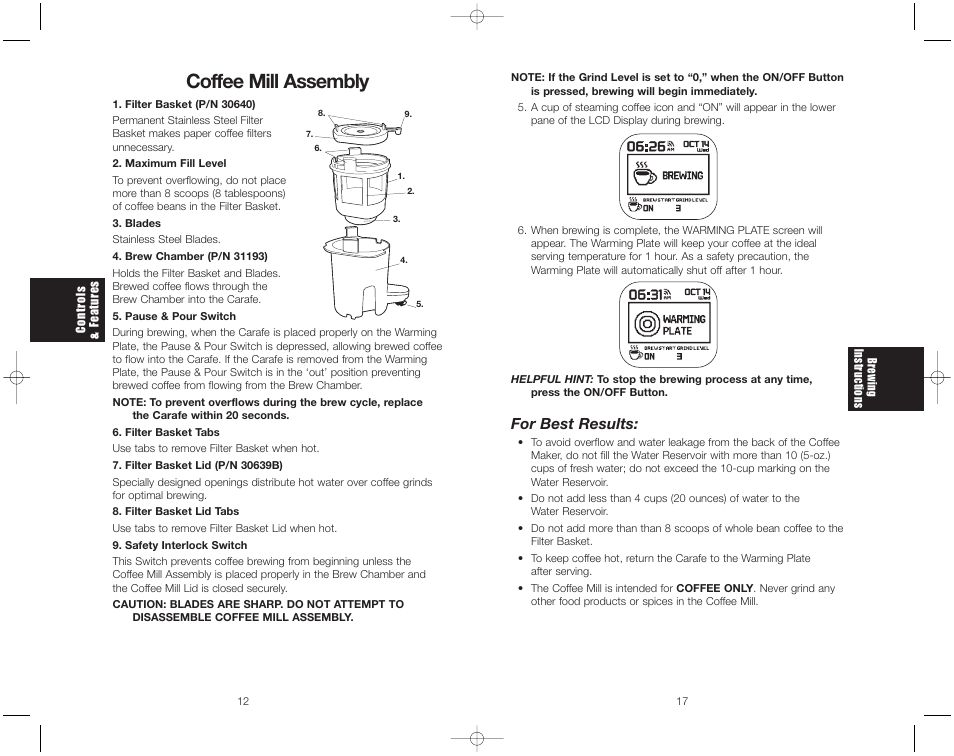 Coffee mill assembly, For best results | Toastmaster ME1MSB User Manual | Page 14 / 32