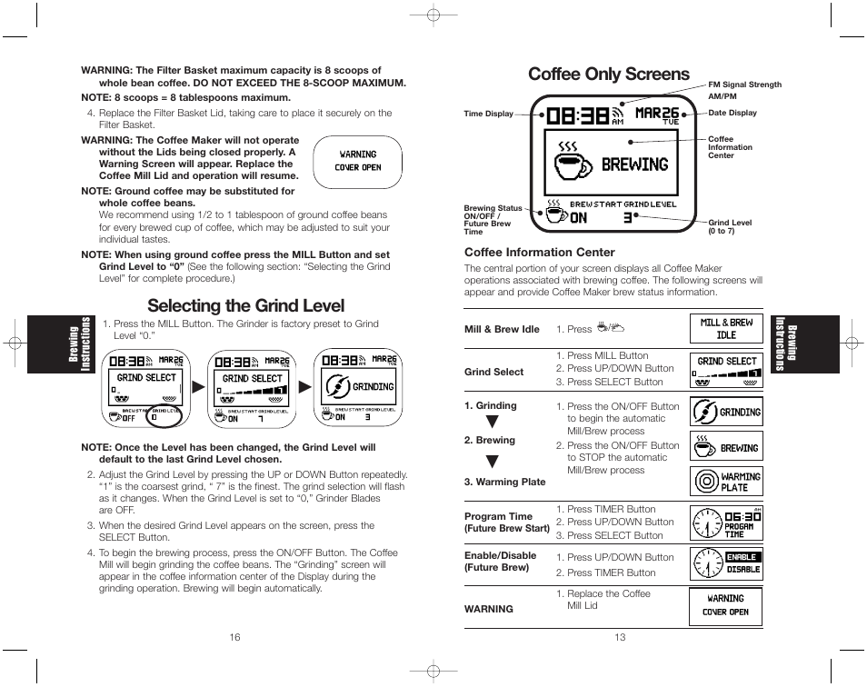 Selecting the grind level, Coffee only screens | Toastmaster ME1MSB User Manual | Page 15 / 32